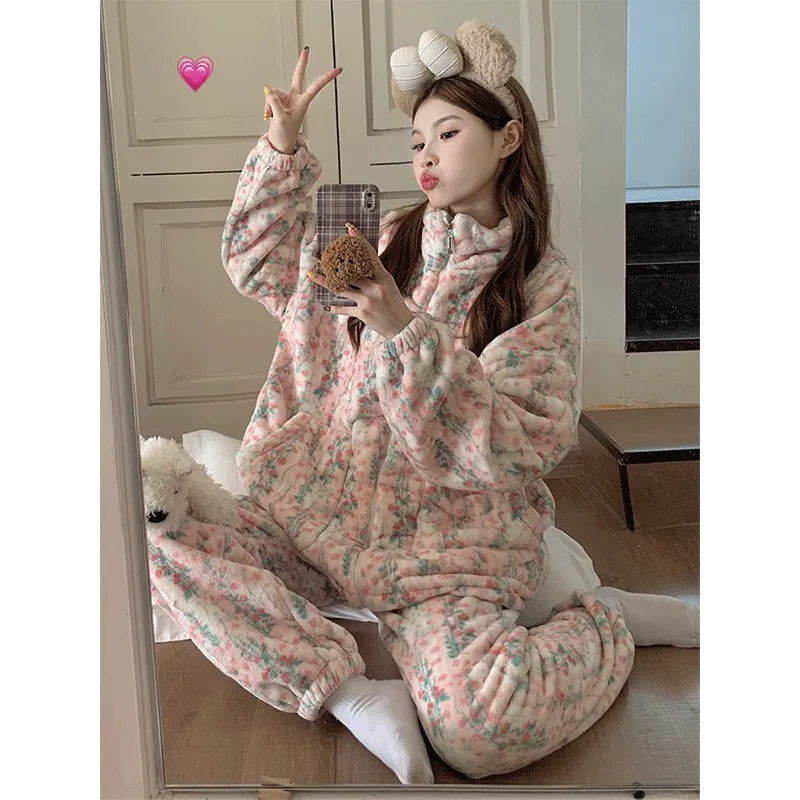 Pyjama femme en polaire corail, automne-hiver, épais et chaud, nouveau modèle 2026, ensemble de maison en flanelle doux et mignon · Grossiste · OEM · Mondial - View 1