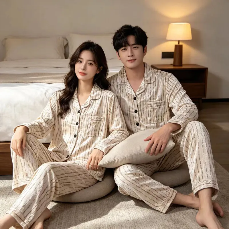 커플용 봄가을 신상 벨벳 파자마 긴팔 긴바지 투피스 세트 캐주얼 심플 카라 오픈 가디건 홈웨어 · 도매 · OEM · 전 세계 배송 - View 4