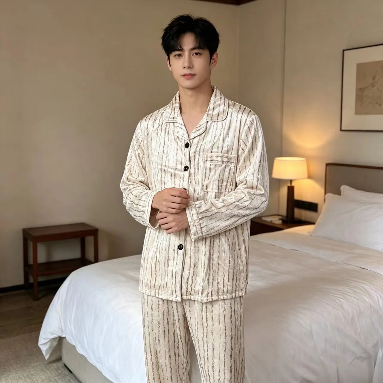 Men's Pajamas Spring and Autumn New Gold Velvet Long Sleeve Long Pants Two-Piece Set Casual Minimalist Warm Cardigan Loungewear · Wholesale · OEM · Worldwide Shipping - Detail 2