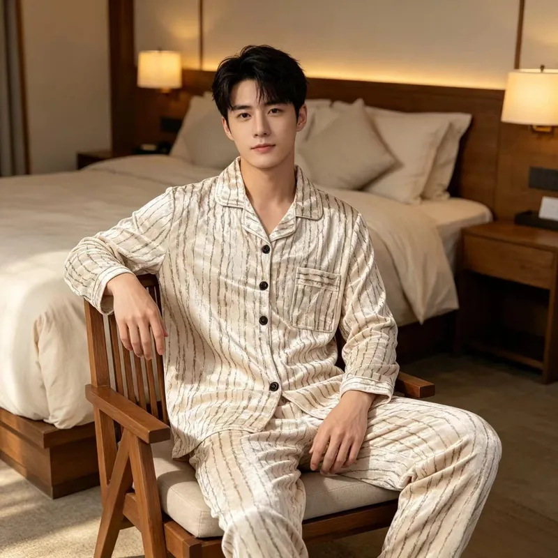 Men's Pajamas Spring and Autumn New Gold Velvet Long Sleeve Long Pants Two-Piece Set Casual Minimalist Warm Cardigan Loungewear · Wholesale · OEM · Worldwide Shipping - View 4