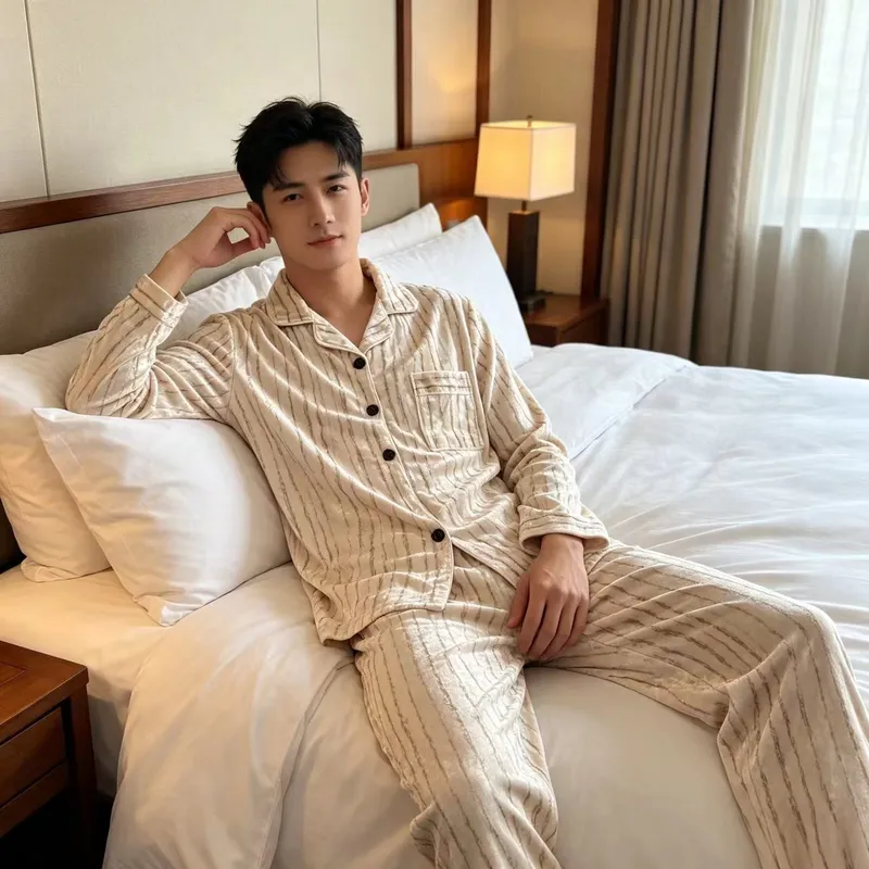 Men's Pajamas Spring and Autumn New Gold Velvet Long Sleeve Long Pants Two-Piece Set Casual Minimalist Warm Cardigan Loungewear · Wholesale · OEM · Worldwide Shipping - View 3