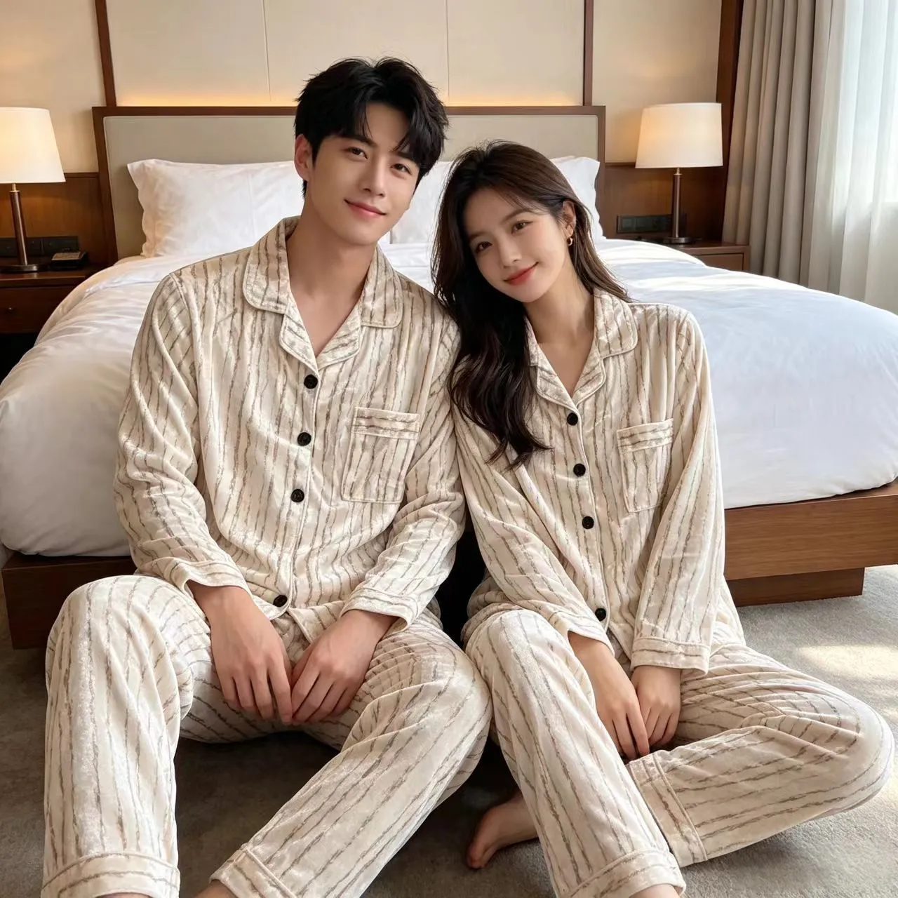 커플용 봄가을 신상 벨벳 파자마 긴팔 긴바지 투피스 세트 캐주얼 심플 카라 오픈 가디건 홈웨어 · 도매 · OEM · 전 세계 배송 - Detail 4
