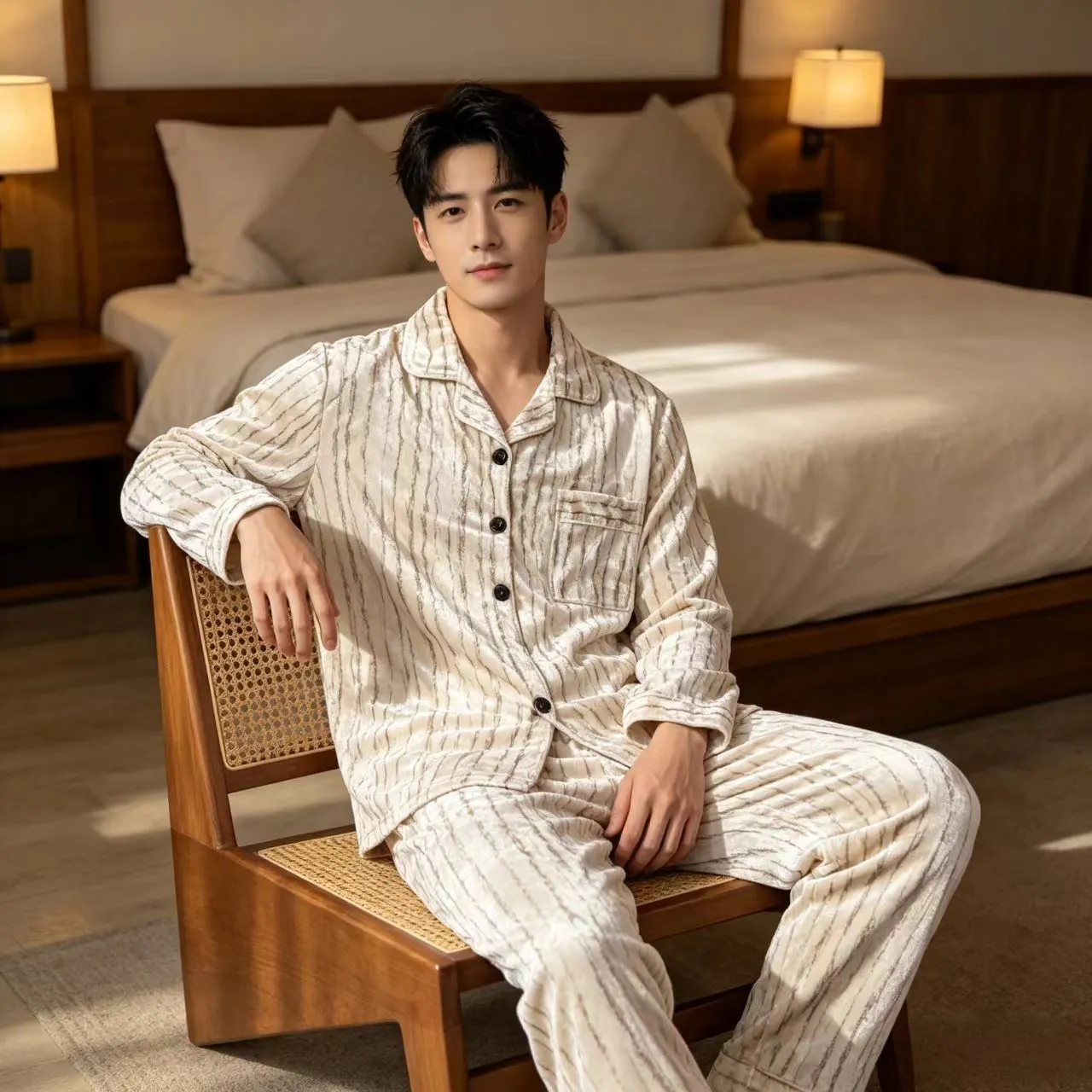 Men's Pajamas Spring and Autumn New Gold Velvet Long Sleeve Long Pants Two-Piece Set Casual Minimalist Warm Cardigan Loungewear · Wholesale · OEM · Worldwide Shipping - Detail 4