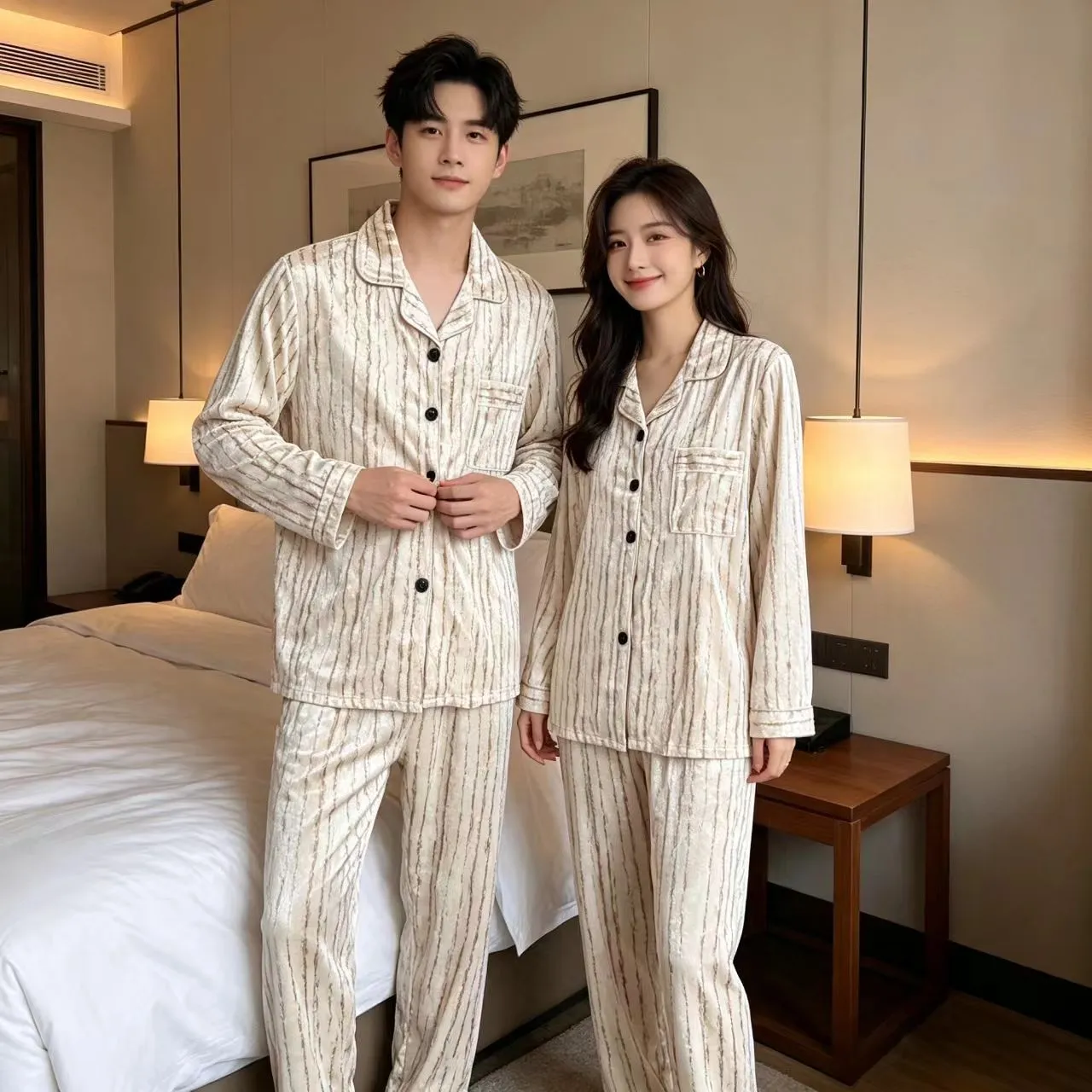 커플용 봄가을 신상 벨벳 파자마 긴팔 긴바지 투피스 세트 캐주얼 심플 카라 오픈 가디건 홈웨어 · 도매 · OEM · 전 세계 배송 - Detail 3