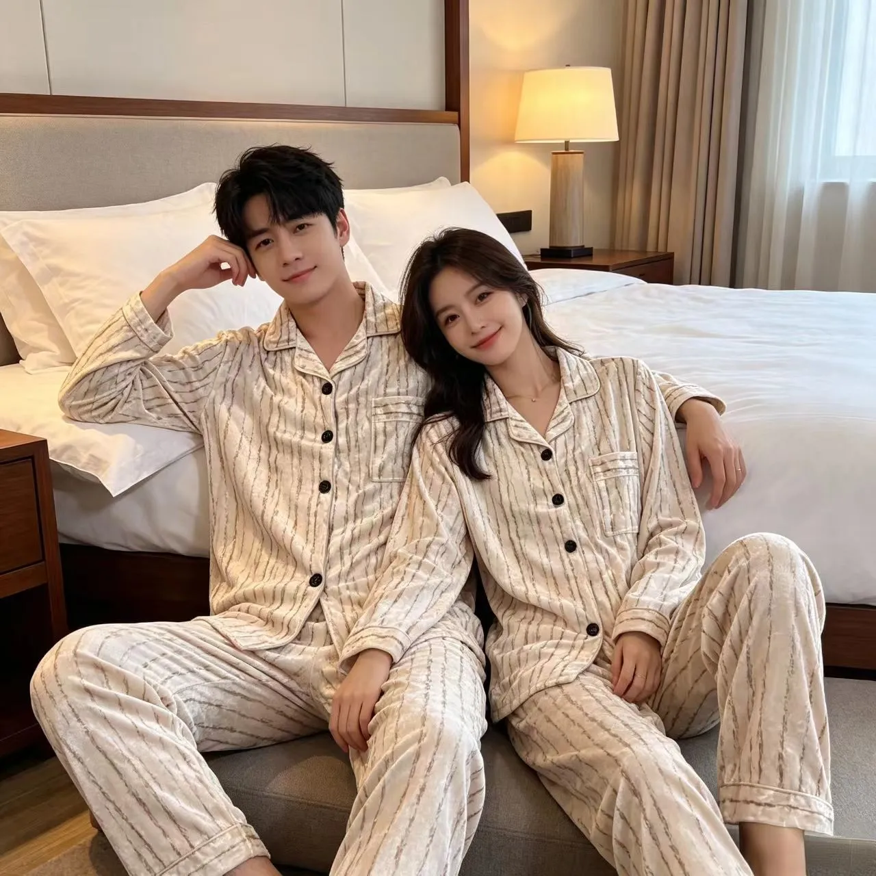 커플용 봄가을 신상 벨벳 파자마 긴팔 긴바지 투피스 세트 캐주얼 심플 카라 오픈 가디건 홈웨어 · 도매 · OEM · 전 세계 배송 - Detail 7