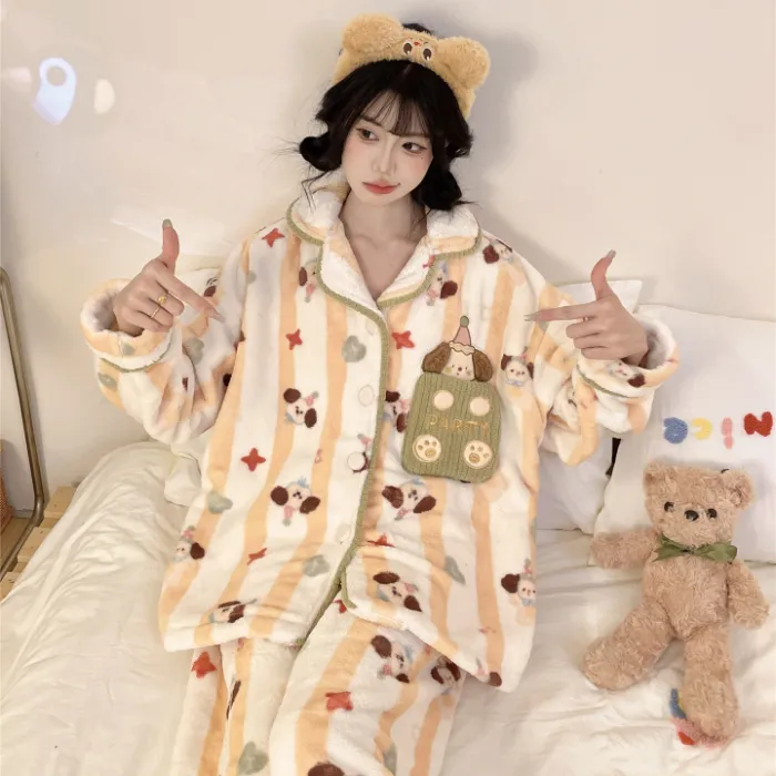 Nouveauté Automne-Hiver 2026 Pyjama Fille Flanelle 290g Cardigan Col Revers Épaissi Ensemble Homewear Cartoon · Grossiste · OEM · Mondial - Detail 9
