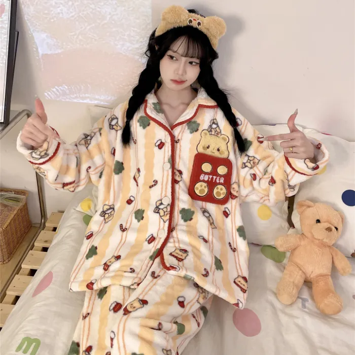 Nouveauté Automne-Hiver 2026 Pyjama Fille Flanelle 290g Cardigan Col Revers Épaissi Ensemble Homewear Cartoon · Grossiste · OEM · Mondial - Detail 1