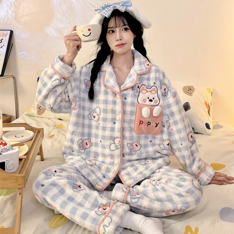 Nouveauté Automne-Hiver 2026 Pyjama Fille Flanelle 290g Cardigan Col Revers Épaissi Ensemble Homewear Cartoon · Grossiste · OEM · Mondial - View 2