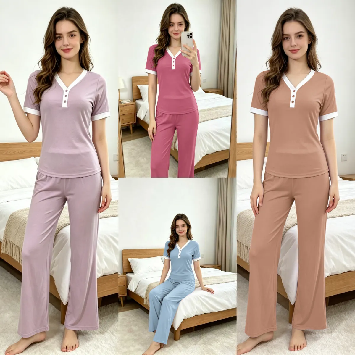 Women's Knit V-Neck Button Short Sleeve T-Shirt Pajama Set, Slimming Stretch Contrast Panel Top, Summer Two-Piece Loungewear · Wholesale · OEM · Worldwide Shipping