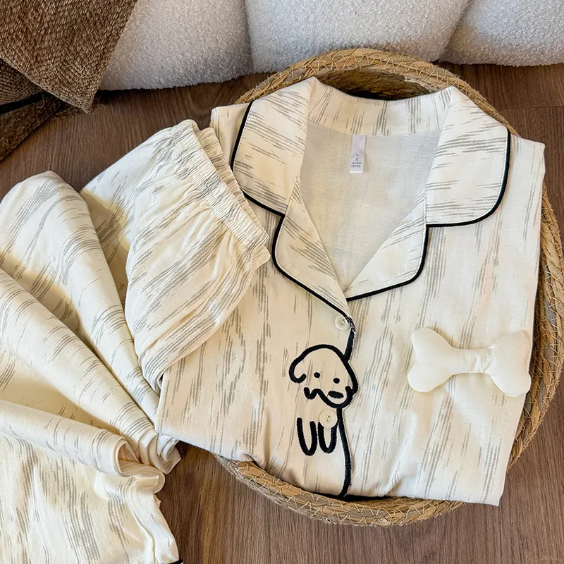 Pyjama deux pièces femme à manches longues et pantalon long, coton imitation Sorona, motif chiot en coton cartoon, doux et mignon, ensemble de maison · Grossiste · OEM · Mondial - Detail 6