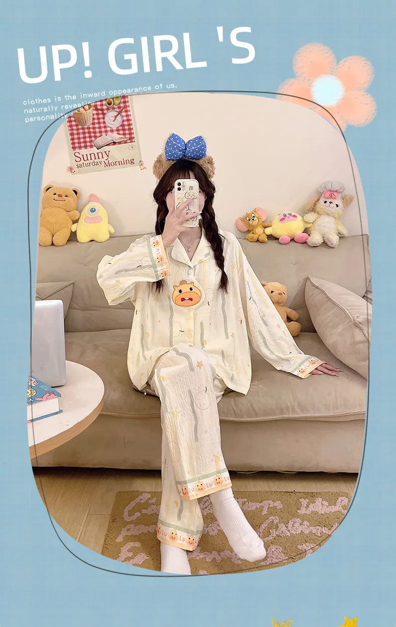 2026 New Spring Autumn 3D Embroidered Pajamas Women Cloud Cotton Lapel Cardigan Set Loose Girl Homewear · Wholesale · OEM · Worldwide Shipping - Detail 10