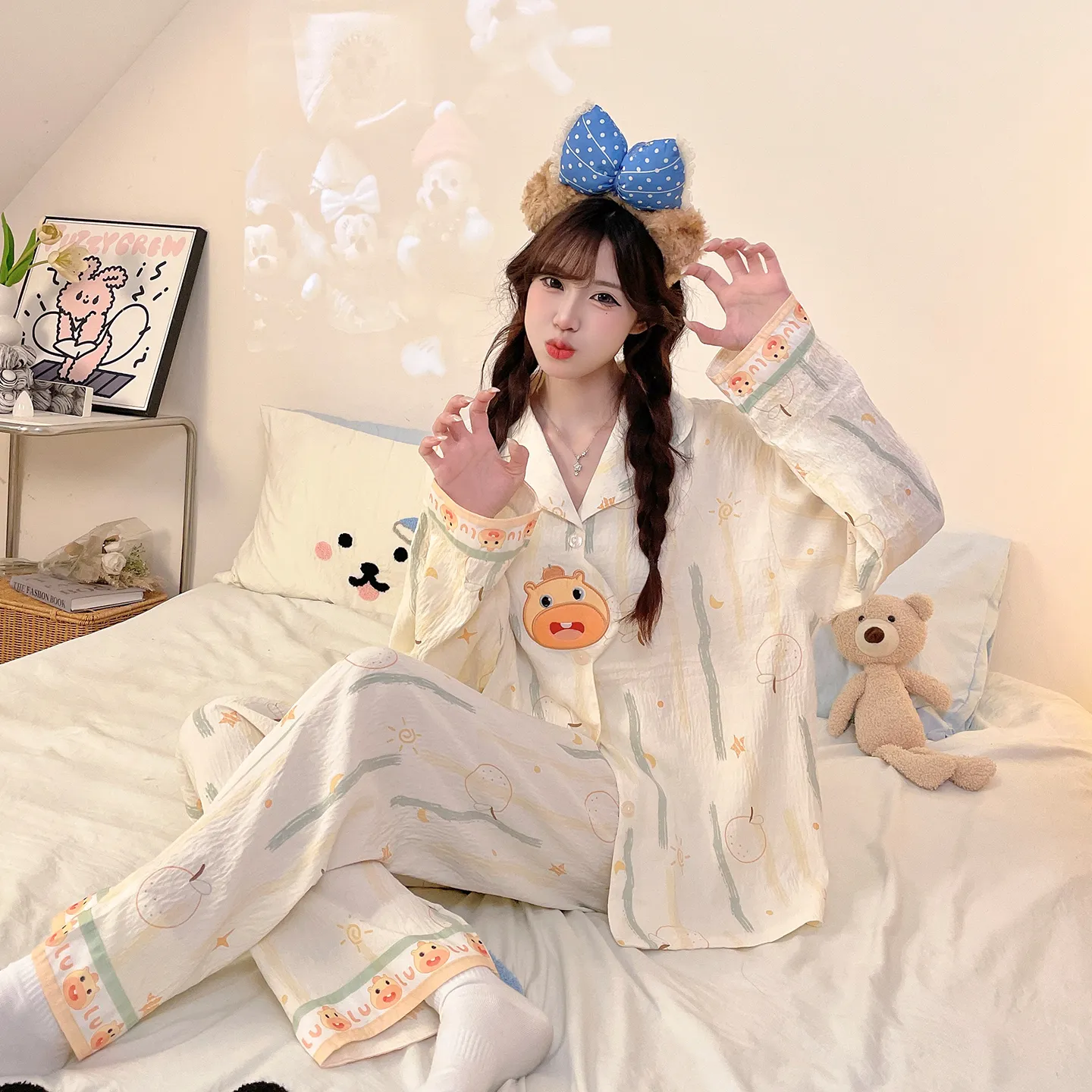 2026 New Spring Autumn 3D Embroidered Pajamas Women Cloud Cotton Lapel Cardigan Set Loose Girl Homewear · Wholesale · OEM · Worldwide Shipping