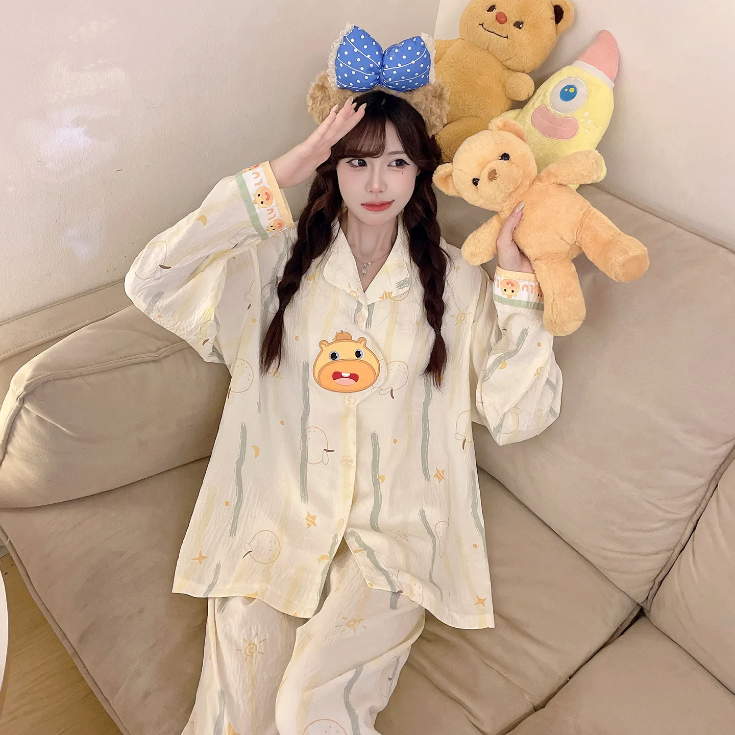 2026 New Spring Autumn 3D Embroidered Pajamas Women Cloud Cotton Lapel Cardigan Set Loose Girl Homewear · Wholesale · OEM · Worldwide Shipping - View 2