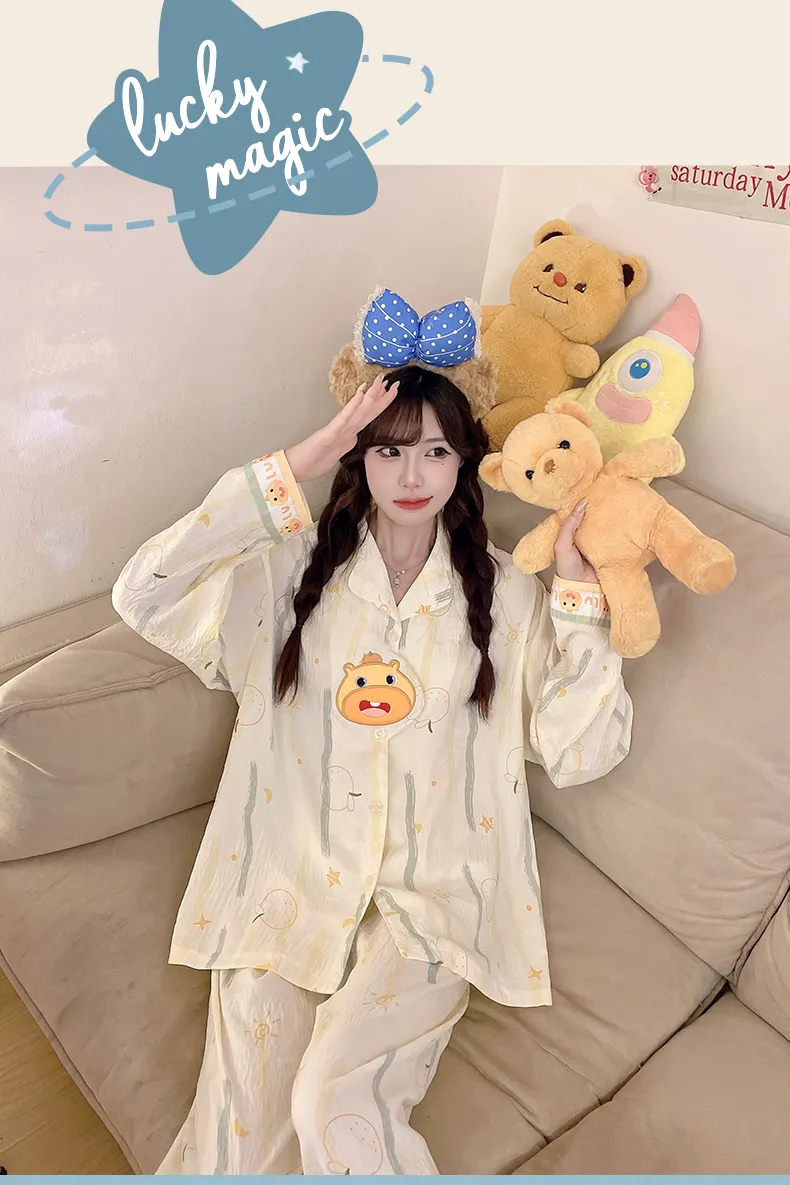 2026 New Spring Autumn 3D Embroidered Pajamas Women Cloud Cotton Lapel Cardigan Set Loose Girl Homewear · Wholesale · OEM · Worldwide Shipping - Detail 9