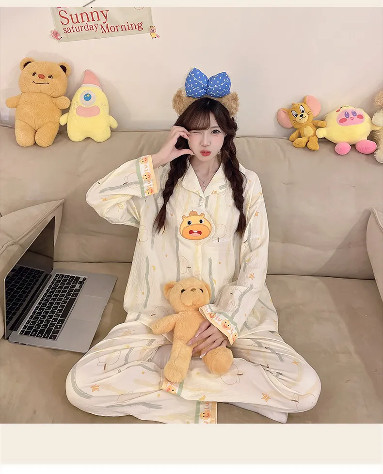 2026 New Spring Autumn 3D Embroidered Pajamas Women Cloud Cotton Lapel Cardigan Set Loose Girl Homewear · Wholesale · OEM · Worldwide Shipping - Detail 12