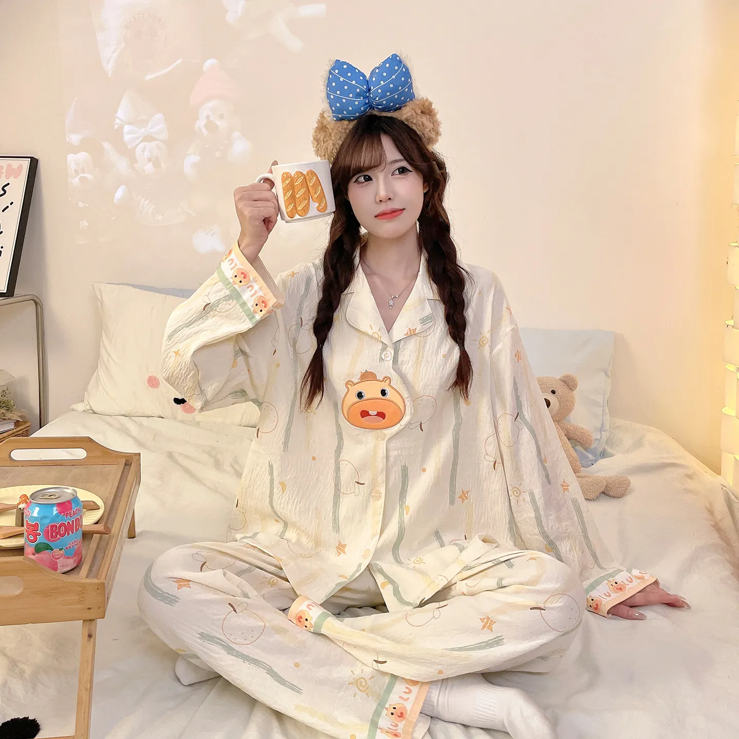 2026 New Spring Autumn 3D Embroidered Pajamas Women Cloud Cotton Lapel Cardigan Set Loose Girl Homewear · Wholesale · OEM · Worldwide Shipping - View 1
