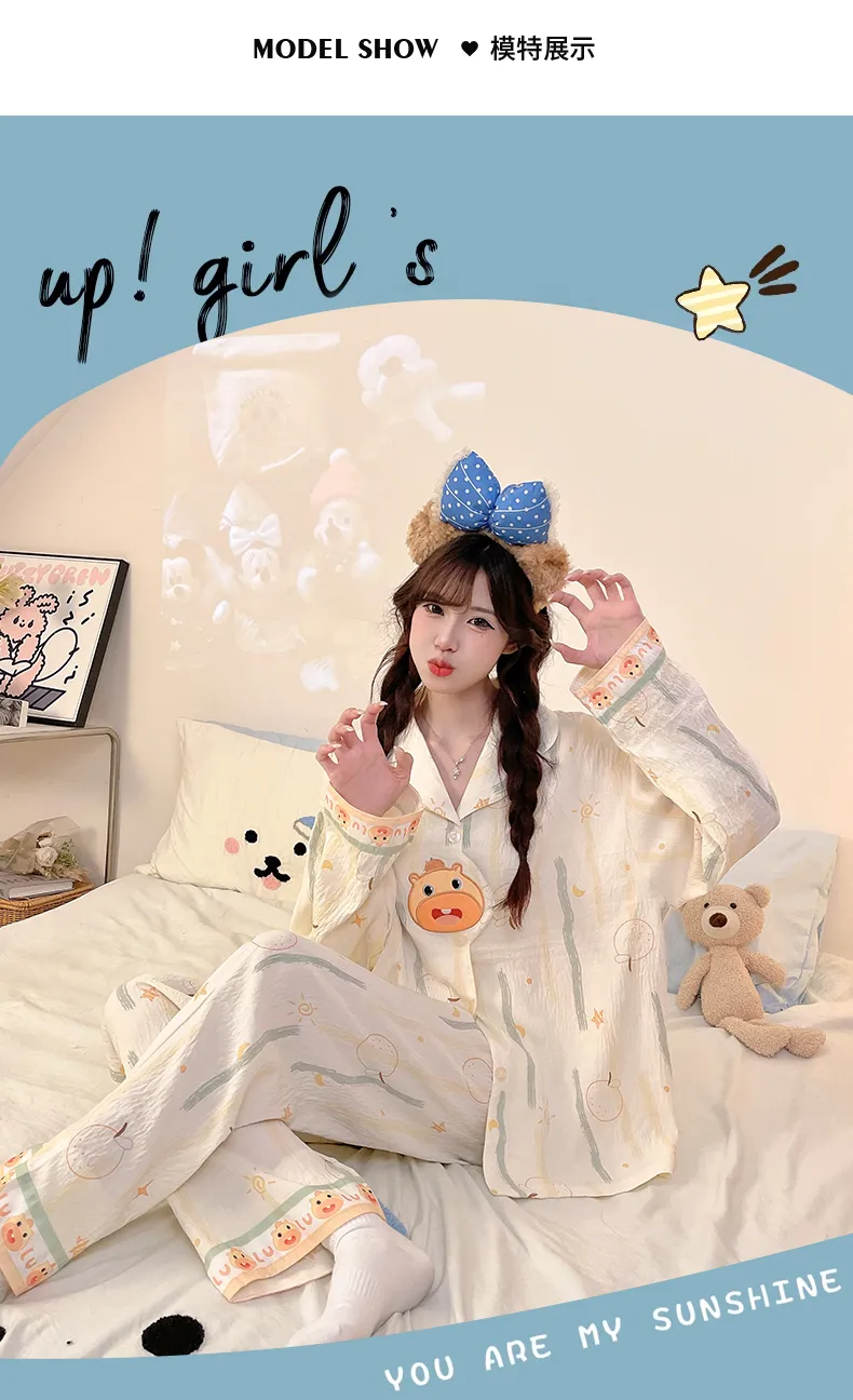 2026 New Spring Autumn 3D Embroidered Pajamas Women Cloud Cotton Lapel Cardigan Set Loose Girl Homewear · Wholesale · OEM · Worldwide Shipping - Detail 6