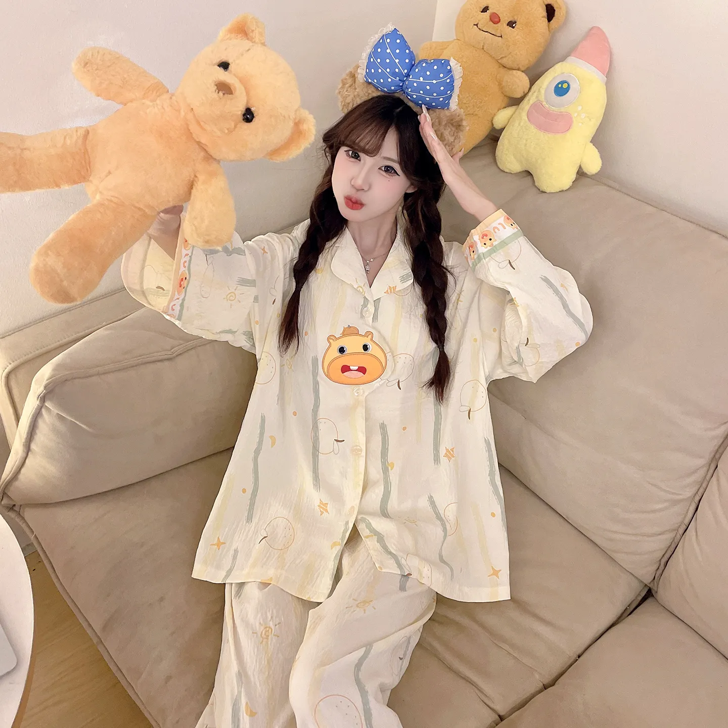 2026 New Spring Autumn 3D Embroidered Pajamas Women Cloud Cotton Lapel Cardigan Set Loose Girl Homewear · Wholesale · OEM · Worldwide Shipping - View 3