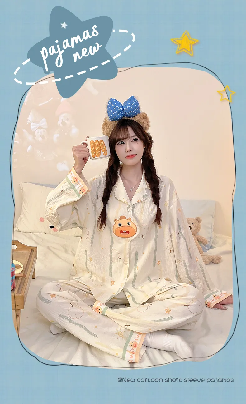 2026 New Spring Autumn 3D Embroidered Pajamas Women Cloud Cotton Lapel Cardigan Set Loose Girl Homewear · Wholesale · OEM · Worldwide Shipping - Detail 1