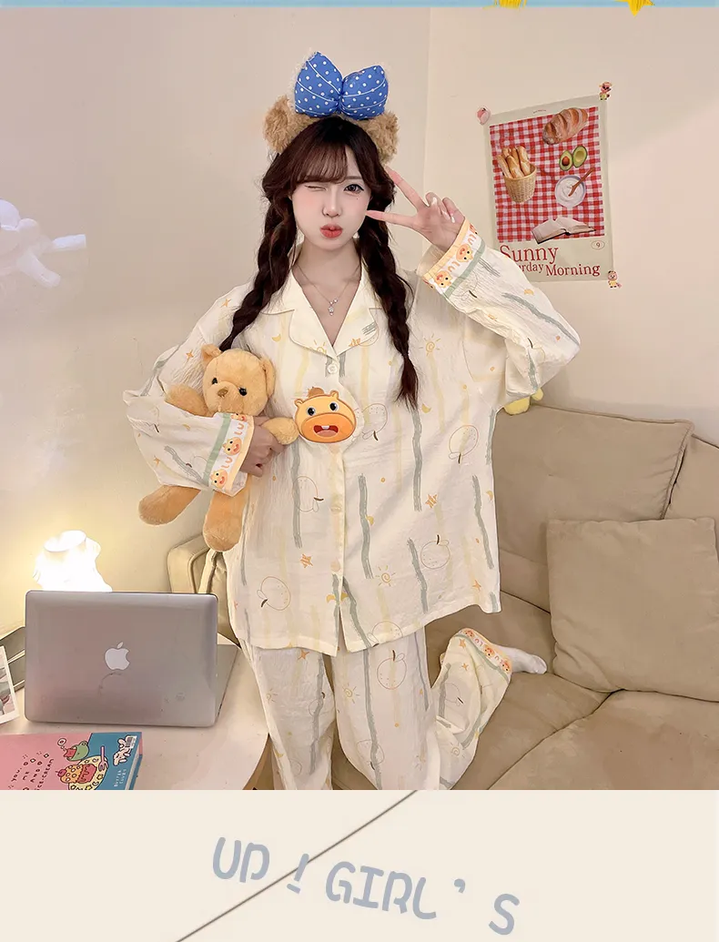 2026 New Spring Autumn 3D Embroidered Pajamas Women Cloud Cotton Lapel Cardigan Set Loose Girl Homewear · Wholesale · OEM · Worldwide Shipping - Detail 11