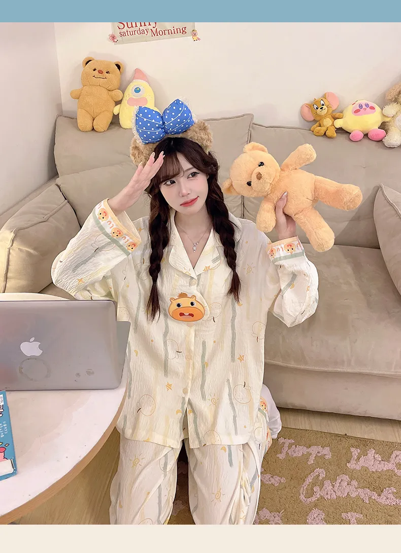 2026 New Spring Autumn 3D Embroidered Pajamas Women Cloud Cotton Lapel Cardigan Set Loose Girl Homewear · Wholesale · OEM · Worldwide Shipping - Detail 7