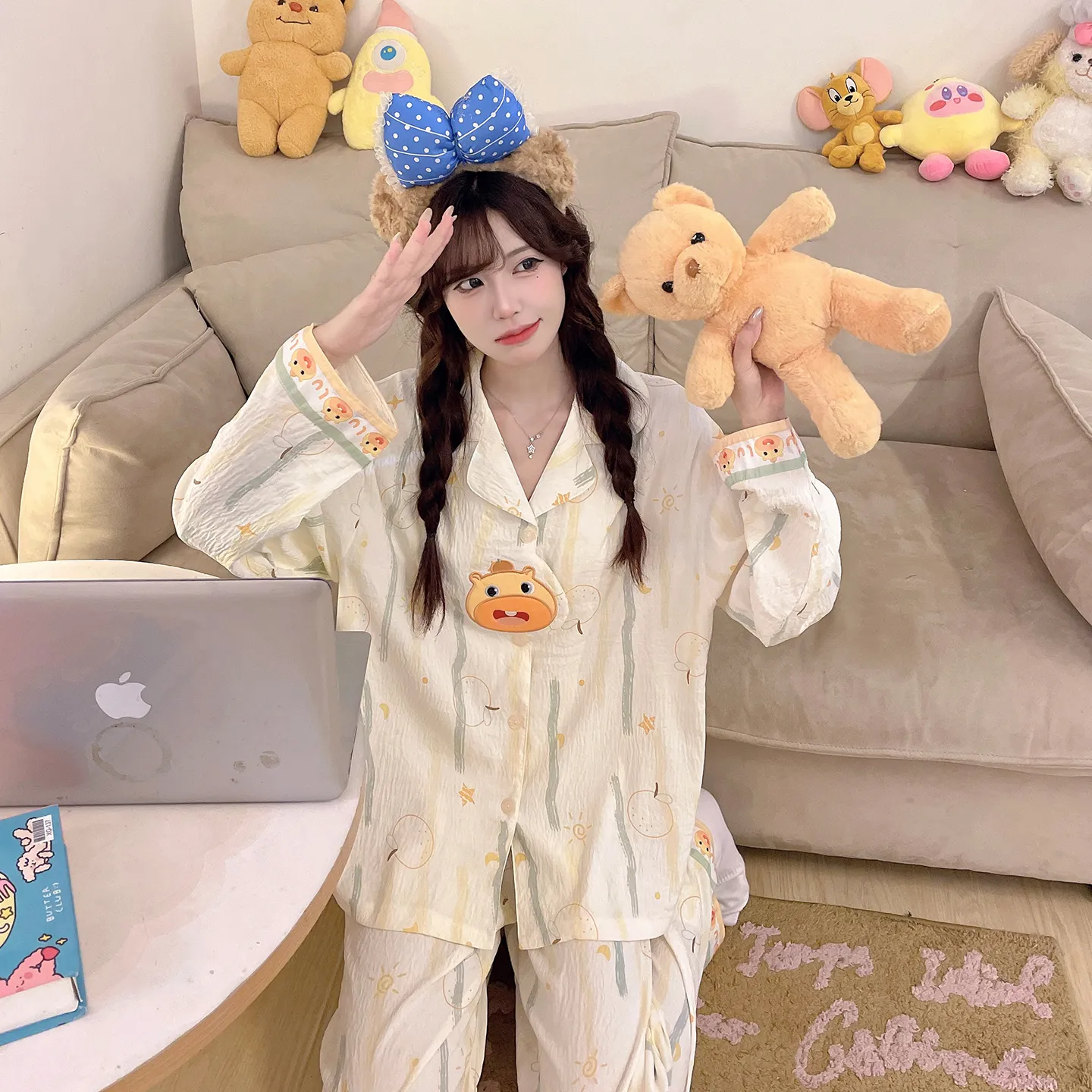 2026 New Spring Autumn 3D Embroidered Pajamas Women Cloud Cotton Lapel Cardigan Set Loose Girl Homewear · Wholesale · OEM · Worldwide Shipping - View 4