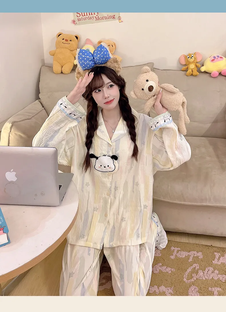 Piyama Wanita Model Baru 2026 Musim Semi/Gugur dengan Sulaman 3D, Bahan Cloud Cotton, Kerah Turn-down, Set Atasan Longgar & Celana Panjang untuk Remaja, Pakaian Rumah · Grosir · OEM · Pengiriman Global - Detail 7