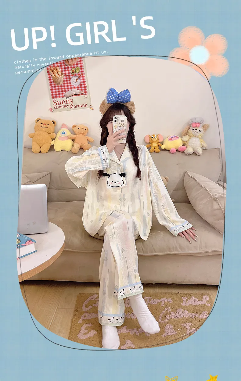 Piyama Wanita Model Baru 2026 Musim Semi/Gugur dengan Sulaman 3D, Bahan Cloud Cotton, Kerah Turn-down, Set Atasan Longgar & Celana Panjang untuk Remaja, Pakaian Rumah · Grosir · OEM · Pengiriman Global - Detail 10