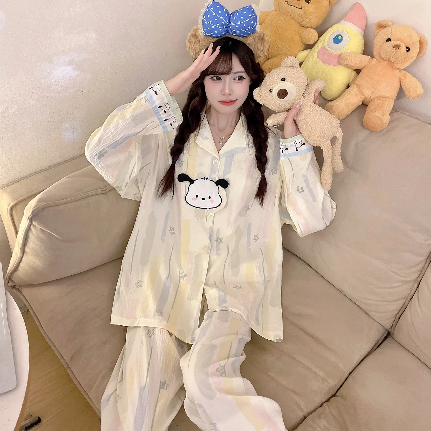 Piyama Wanita Model Baru 2026 Musim Semi/Gugur dengan Sulaman 3D, Bahan Cloud Cotton, Kerah Turn-down, Set Atasan Longgar & Celana Panjang untuk Remaja, Pakaian Rumah · Grosir · OEM · Pengiriman Global - View 3