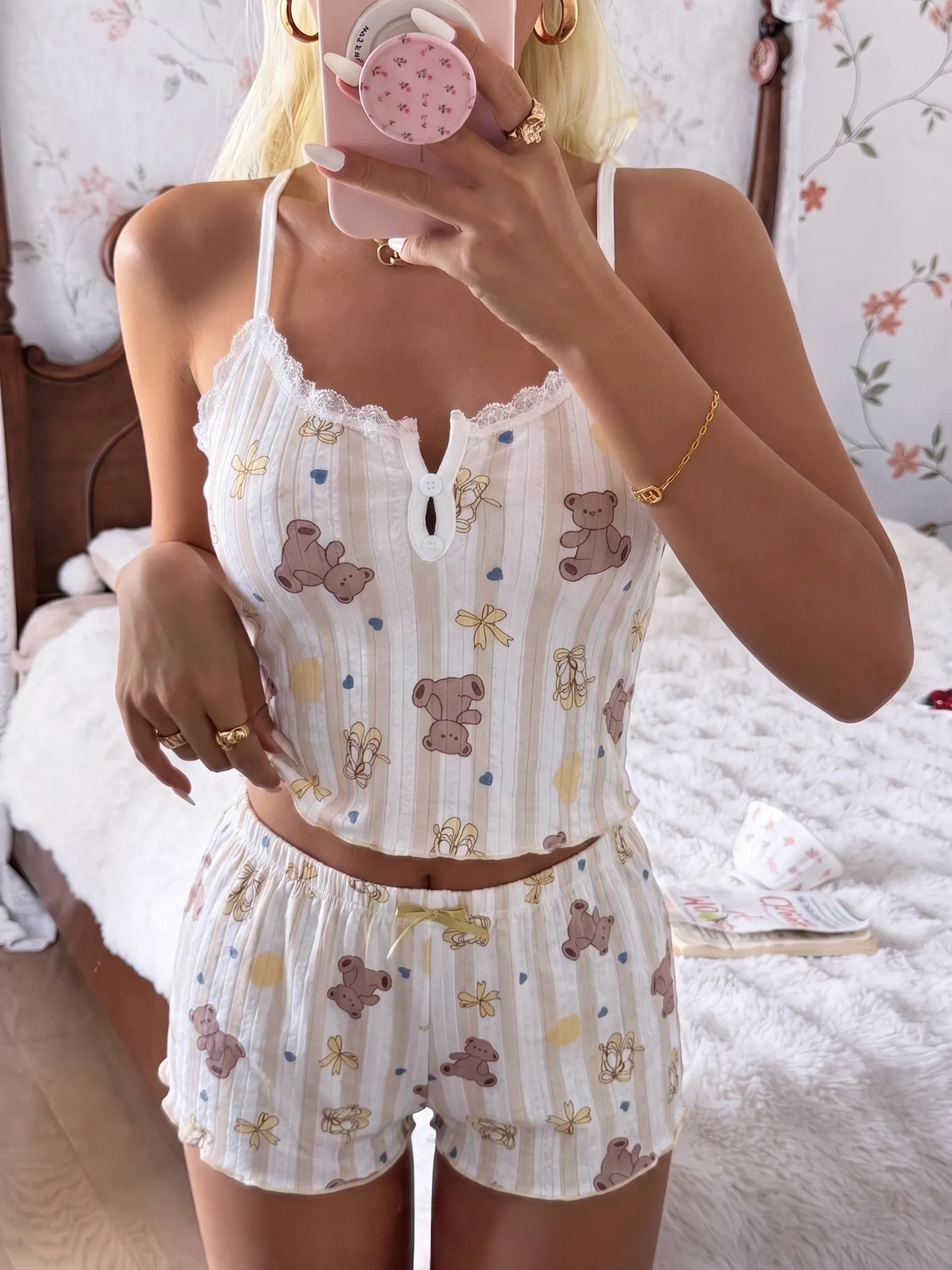Cross-Border New Summer Women's Cute Sweet Fitted Camisole Pajama Set, Small Floral Print with Cartoon Bear, Sexy Western Style · Wholesale · OEM · Worldwide Shipping - Detail 7