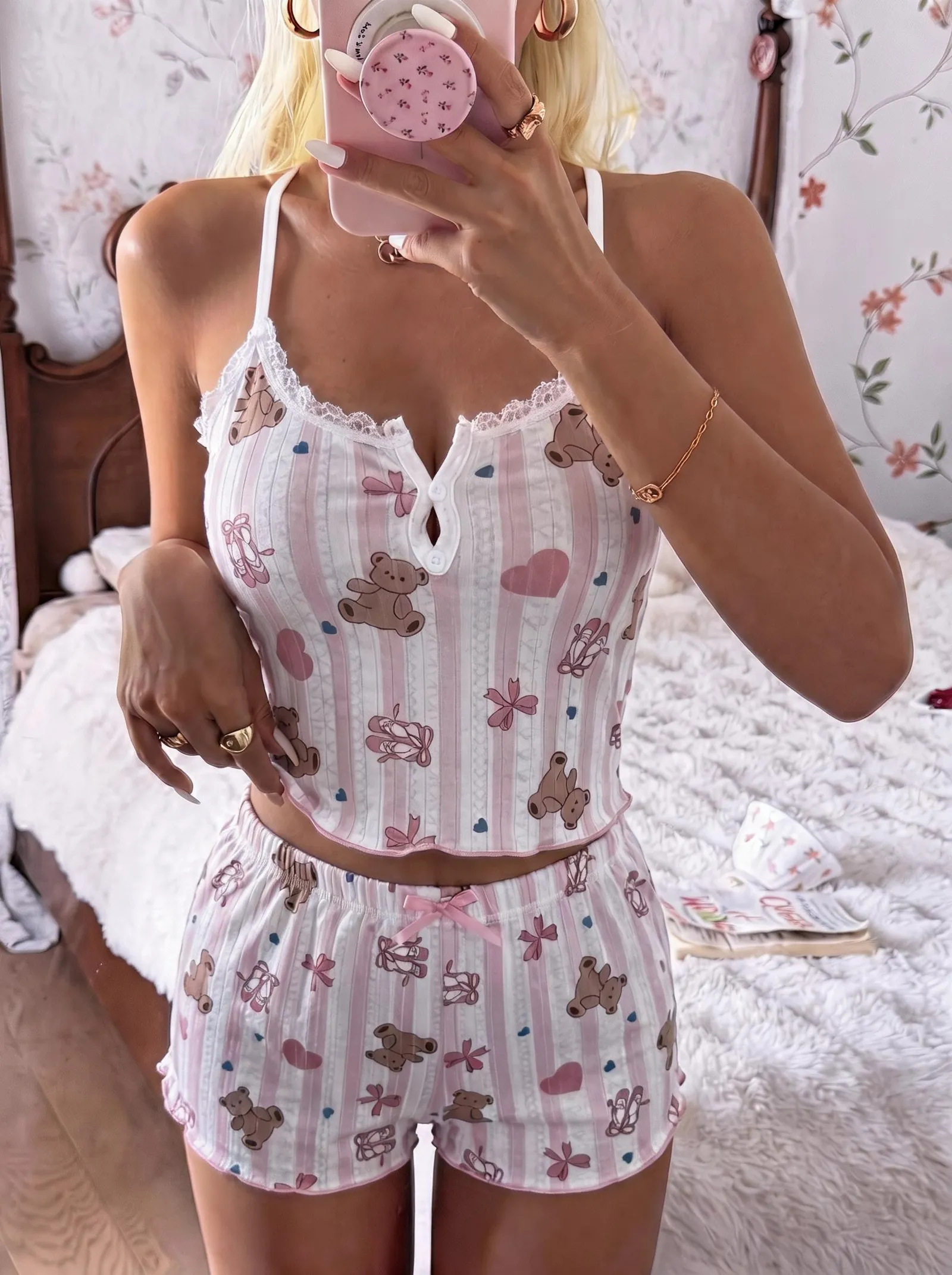Cross-Border New Summer Women's Cute Sweet Fitted Camisole Pajama Set, Small Floral Print with Cartoon Bear, Sexy Western Style · Wholesale · OEM · Worldwide Shipping - Detail 6