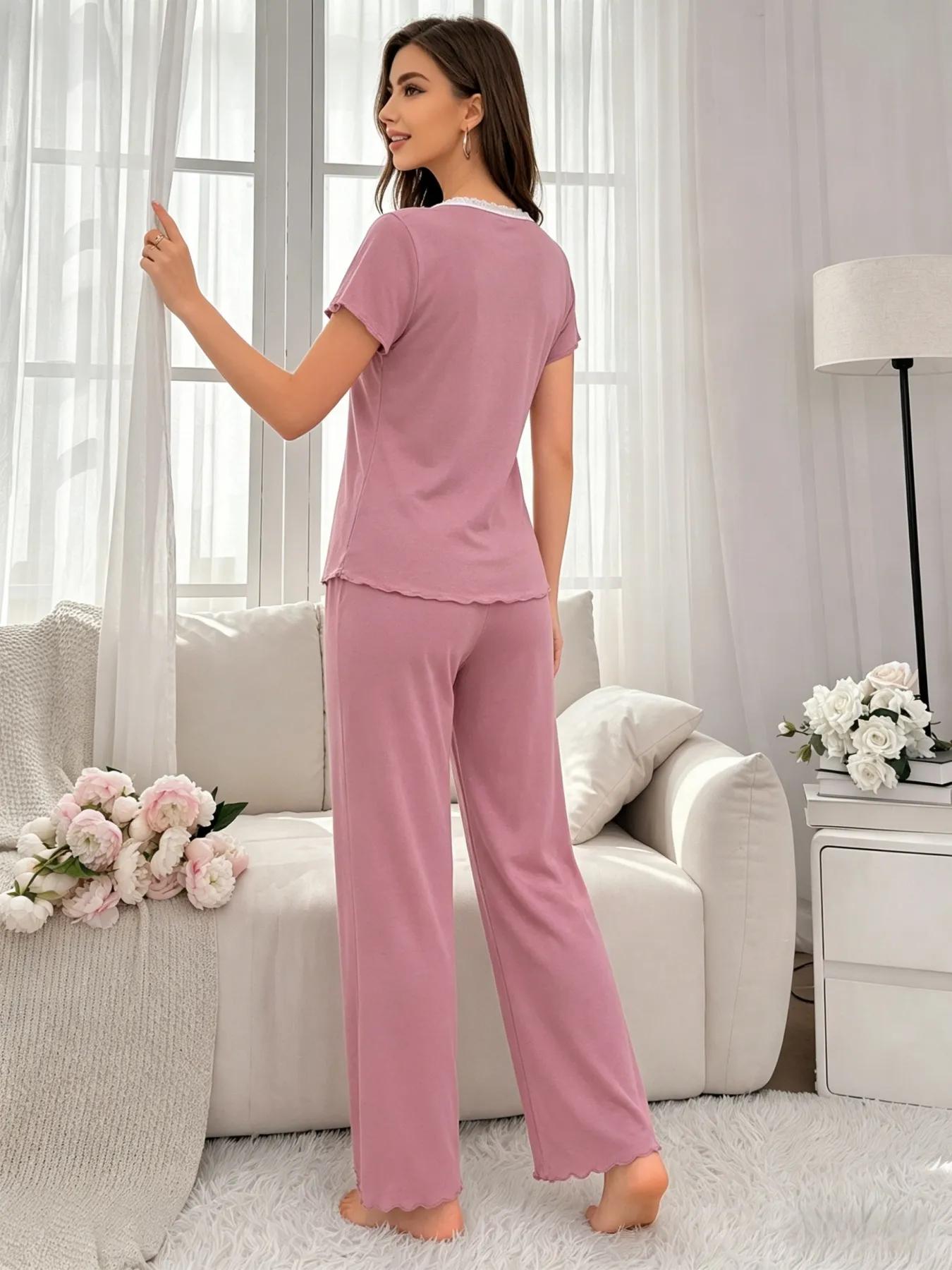 New Summer Ribbed Wide-Leg Pajama Set, Loose Casual Thin Short Sleeve Top and Long Pants with Ruffle Hem, In Stock Wholesale · Wholesale · OEM · Worldwide Shipping - Detail 11