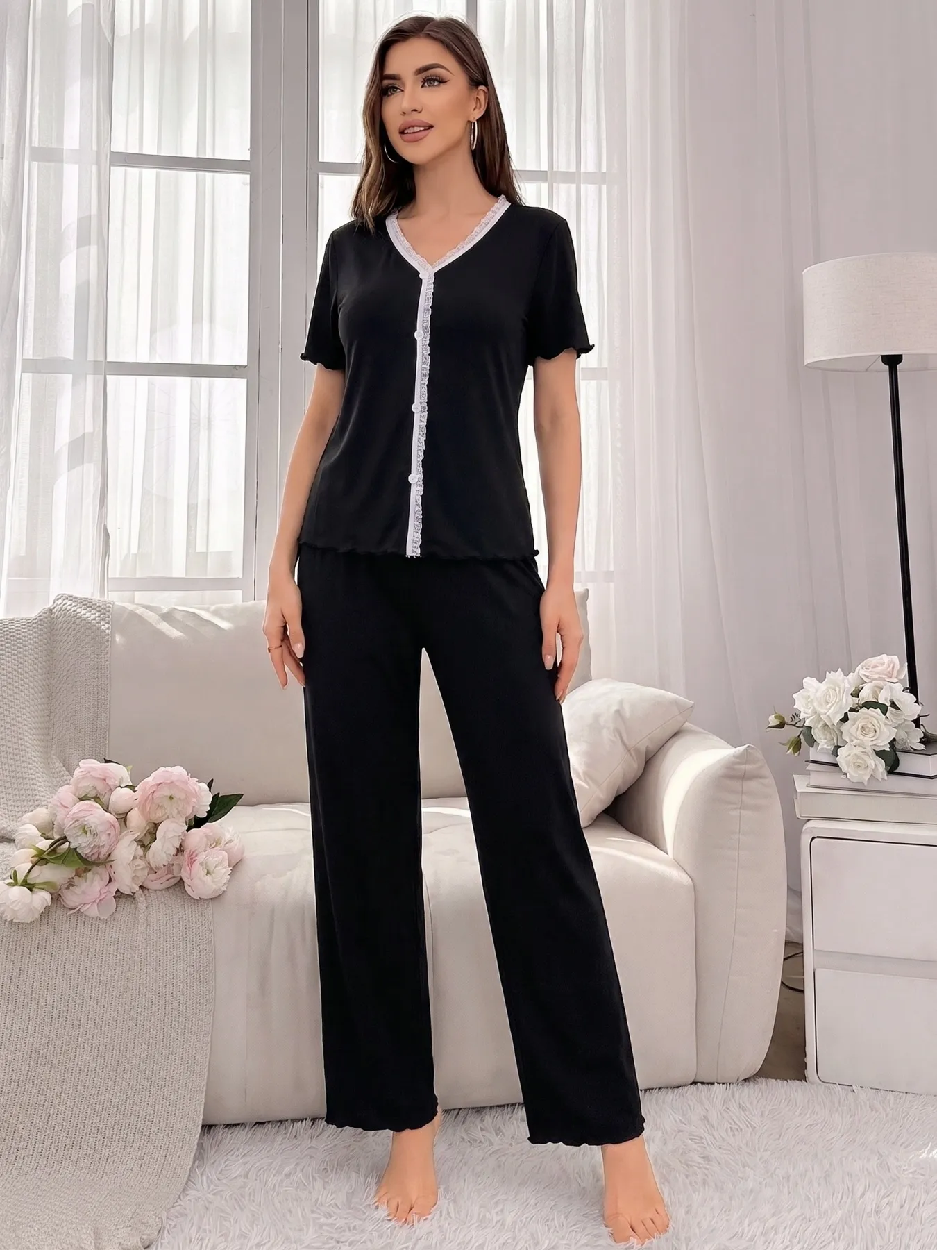 New Summer Ribbed Wide-Leg Pajama Set, Loose Casual Thin Short Sleeve Top and Long Pants with Ruffle Hem, In Stock Wholesale · Wholesale · OEM · Worldwide Shipping - Detail 12