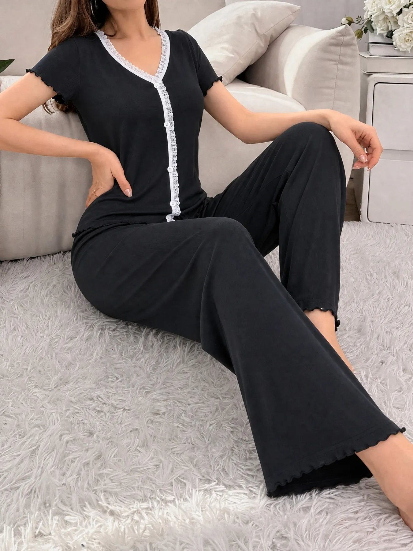 New Summer Ribbed Wide-Leg Pajama Set, Loose Casual Thin Short Sleeve Top and Long Pants with Ruffle Hem, In Stock Wholesale · Wholesale · OEM · Worldwide Shipping - Detail 13