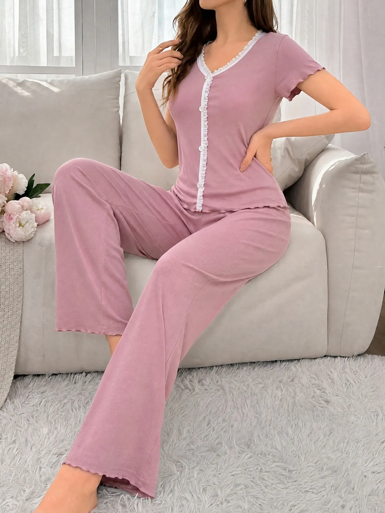 New Summer Ribbed Wide-Leg Pajama Set, Loose Casual Thin Short Sleeve Top and Long Pants with Ruffle Hem, In Stock Wholesale · Wholesale · OEM · Worldwide Shipping - Detail 8
