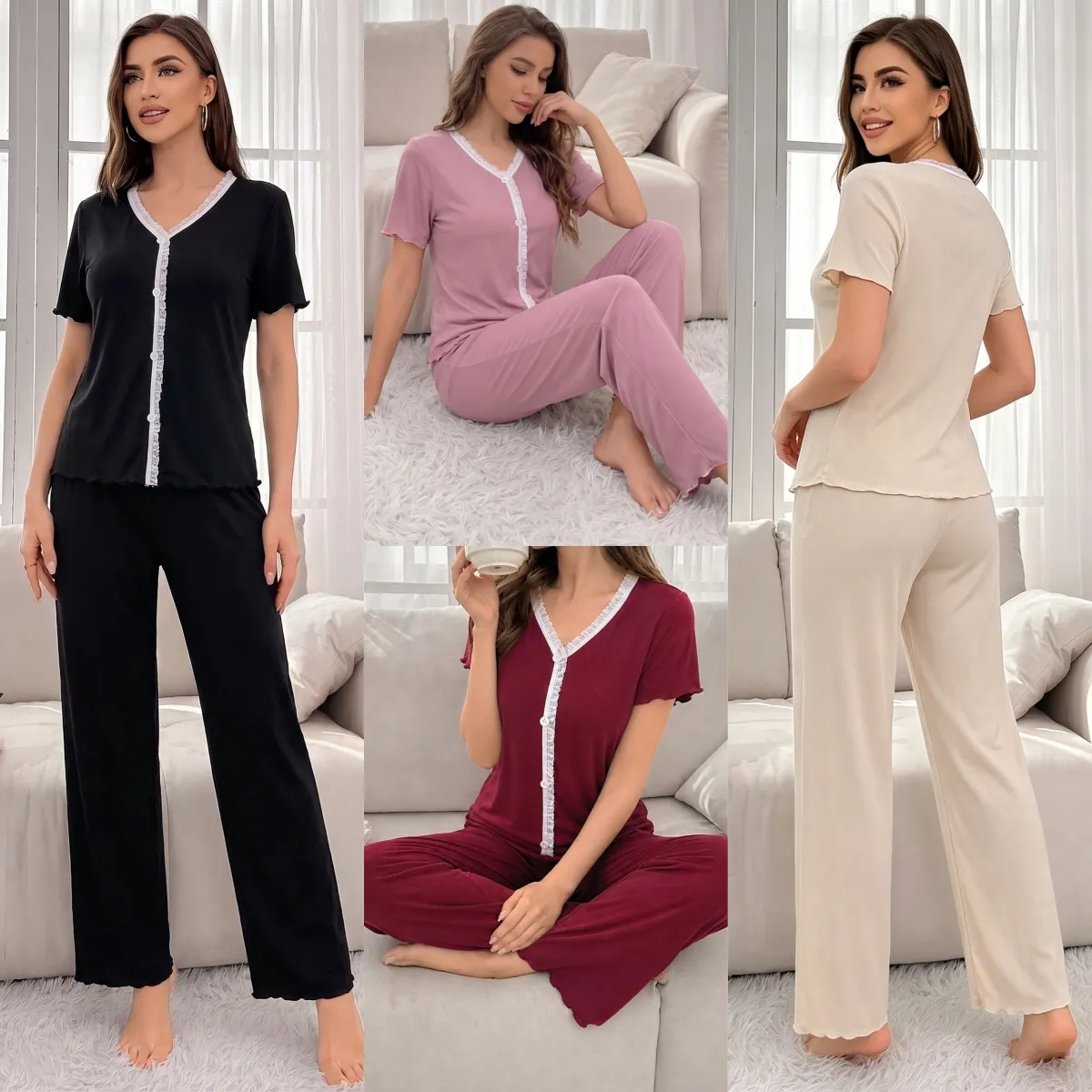 New Summer Ribbed Wide-Leg Pajama Set, Loose Casual Thin Short Sleeve Top and Long Pants with Ruffle Hem, In Stock Wholesale · Wholesale · OEM · Worldwide Shipping - View 3