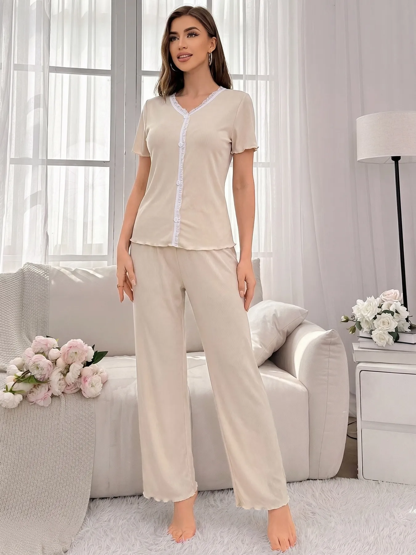 New Summer Ribbed Wide-Leg Pajama Set, Loose Casual Thin Short Sleeve Top and Long Pants with Ruffle Hem, In Stock Wholesale · Wholesale · OEM · Worldwide Shipping - Detail 2