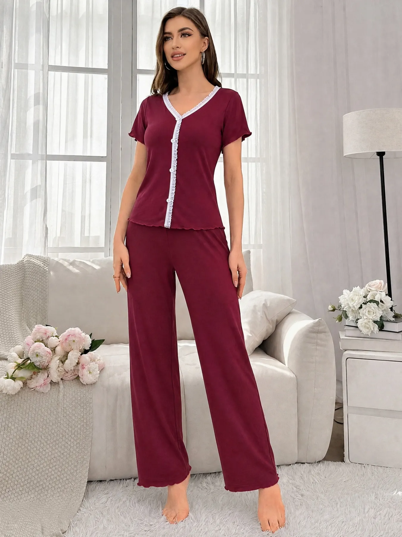 New Summer Ribbed Wide-Leg Pajama Set, Loose Casual Thin Short Sleeve Top and Long Pants with Ruffle Hem, In Stock Wholesale · Wholesale · OEM · Worldwide Shipping - Detail 17