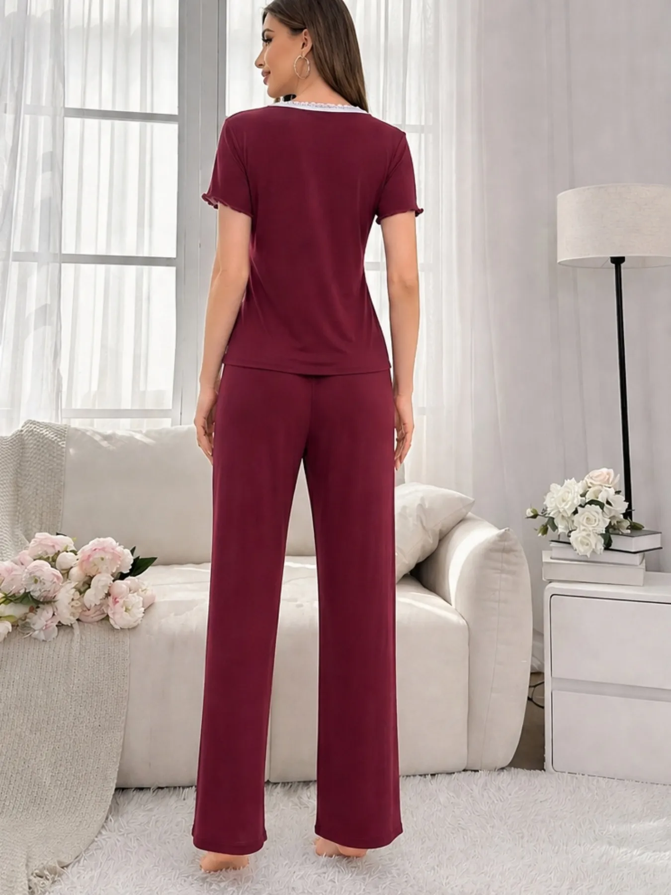 New Summer Ribbed Wide-Leg Pajama Set, Loose Casual Thin Short Sleeve Top and Long Pants with Ruffle Hem, In Stock Wholesale · Wholesale · OEM · Worldwide Shipping - Detail 18