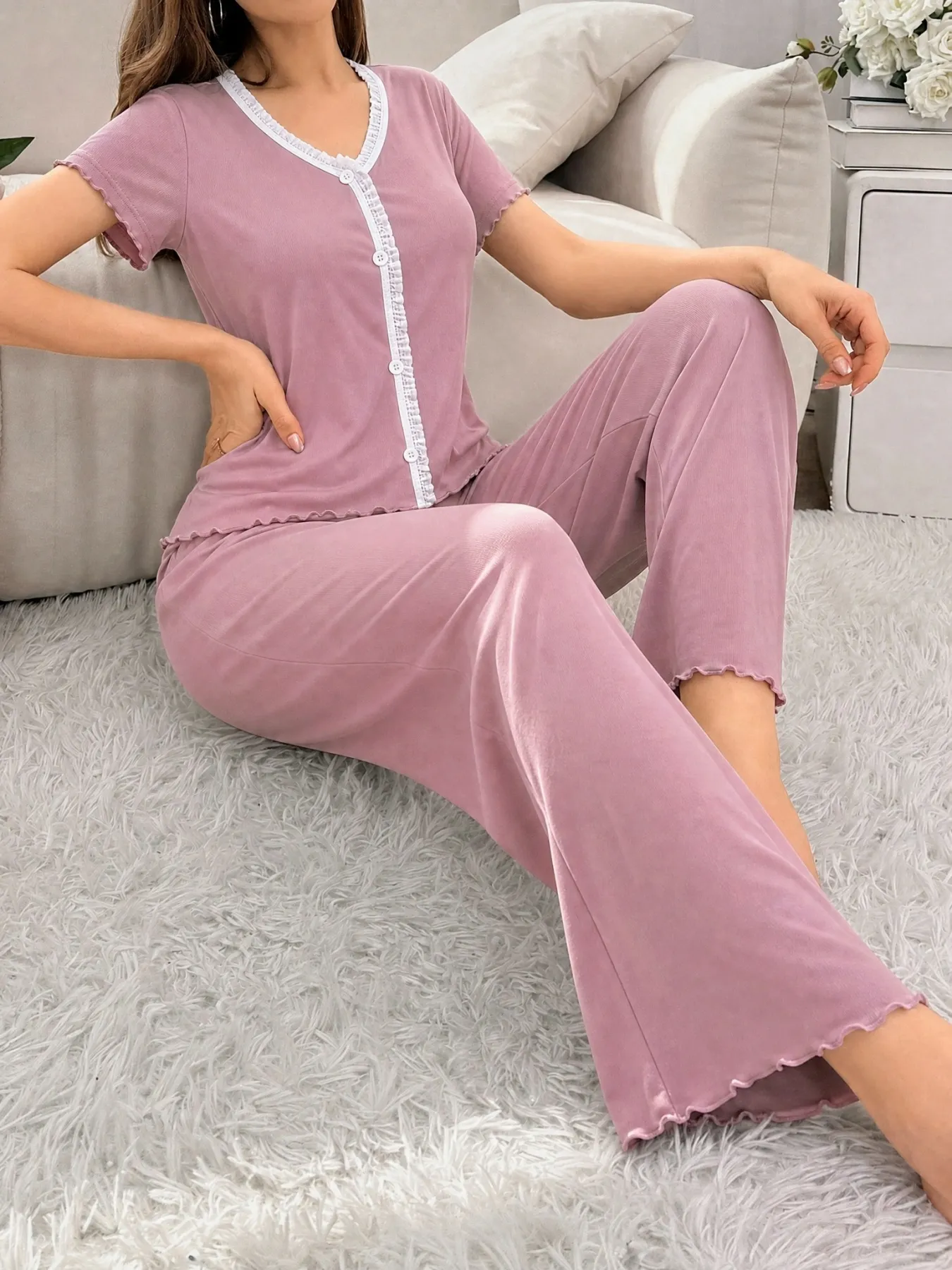 New Summer Ribbed Wide-Leg Pajama Set, Loose Casual Thin Short Sleeve Top and Long Pants with Ruffle Hem, In Stock Wholesale · Wholesale · OEM · Worldwide Shipping - Detail 7
