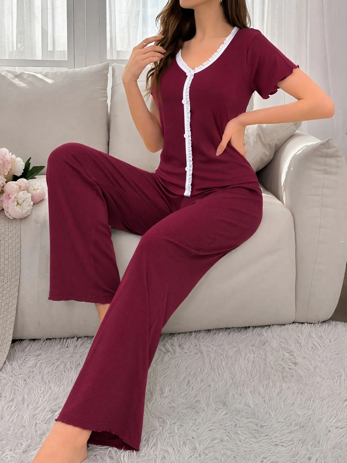 New Summer Ribbed Wide-Leg Pajama Set, Loose Casual Thin Short Sleeve Top and Long Pants with Ruffle Hem, In Stock Wholesale · Wholesale · OEM · Worldwide Shipping - Detail 21