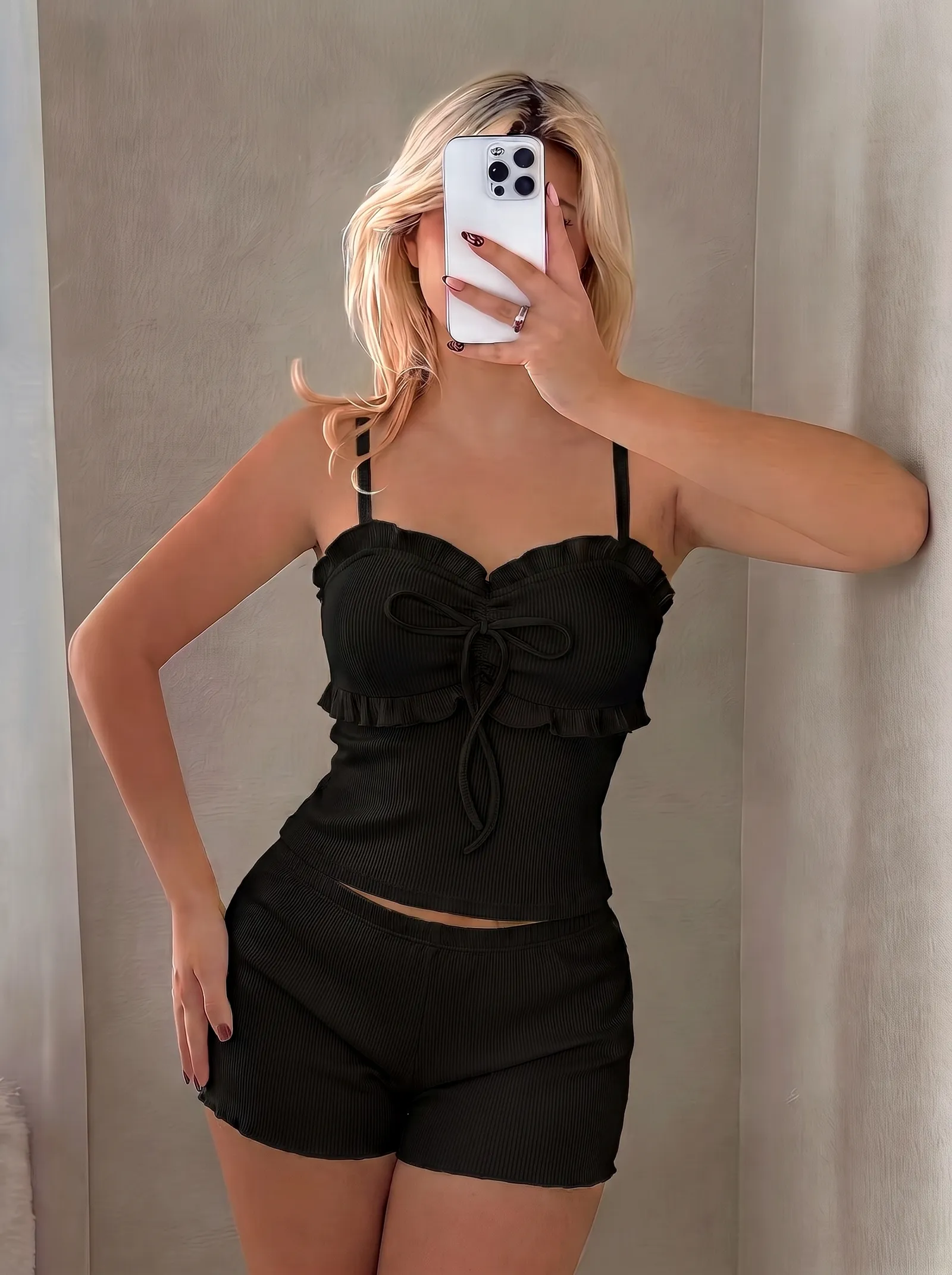 Amazon Women's Wine Red Sexy Pajama Set, Camisole Top and Elastic Waist Shorts, Two-Piece Loungewear · Wholesale · OEM · Worldwide Shipping - Detail 2