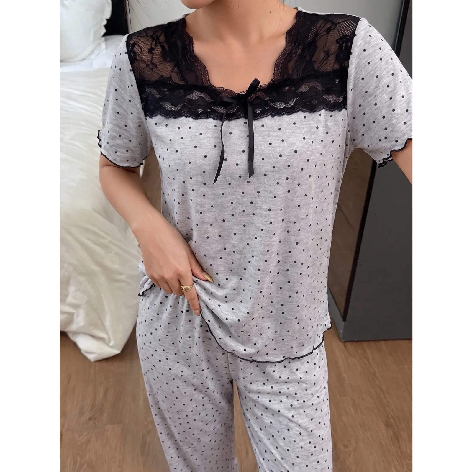 New Europe & US Style Women's Polka Dot Lace Sexy Slimming Summer Pajama Set, Thin Short Sleeve Top and Long Pants, Wearable-Outside Loungewear · Wholesale · OEM · Worldwide Shipping - View 3
