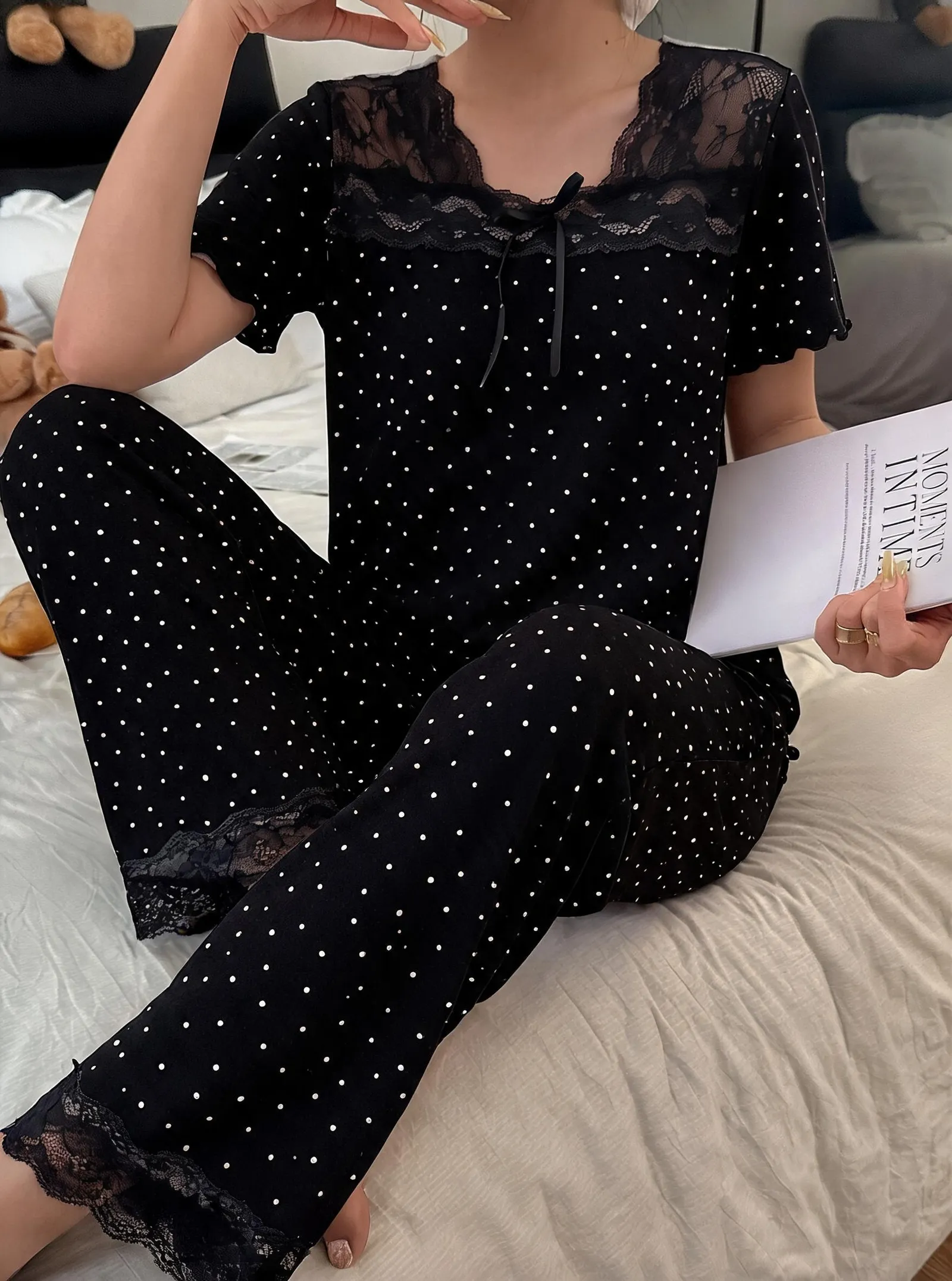 New Europe & US Style Women's Polka Dot Lace Sexy Slimming Summer Pajama Set, Thin Short Sleeve Top and Long Pants, Wearable-Outside Loungewear · Wholesale · OEM · Worldwide Shipping - Detail 4