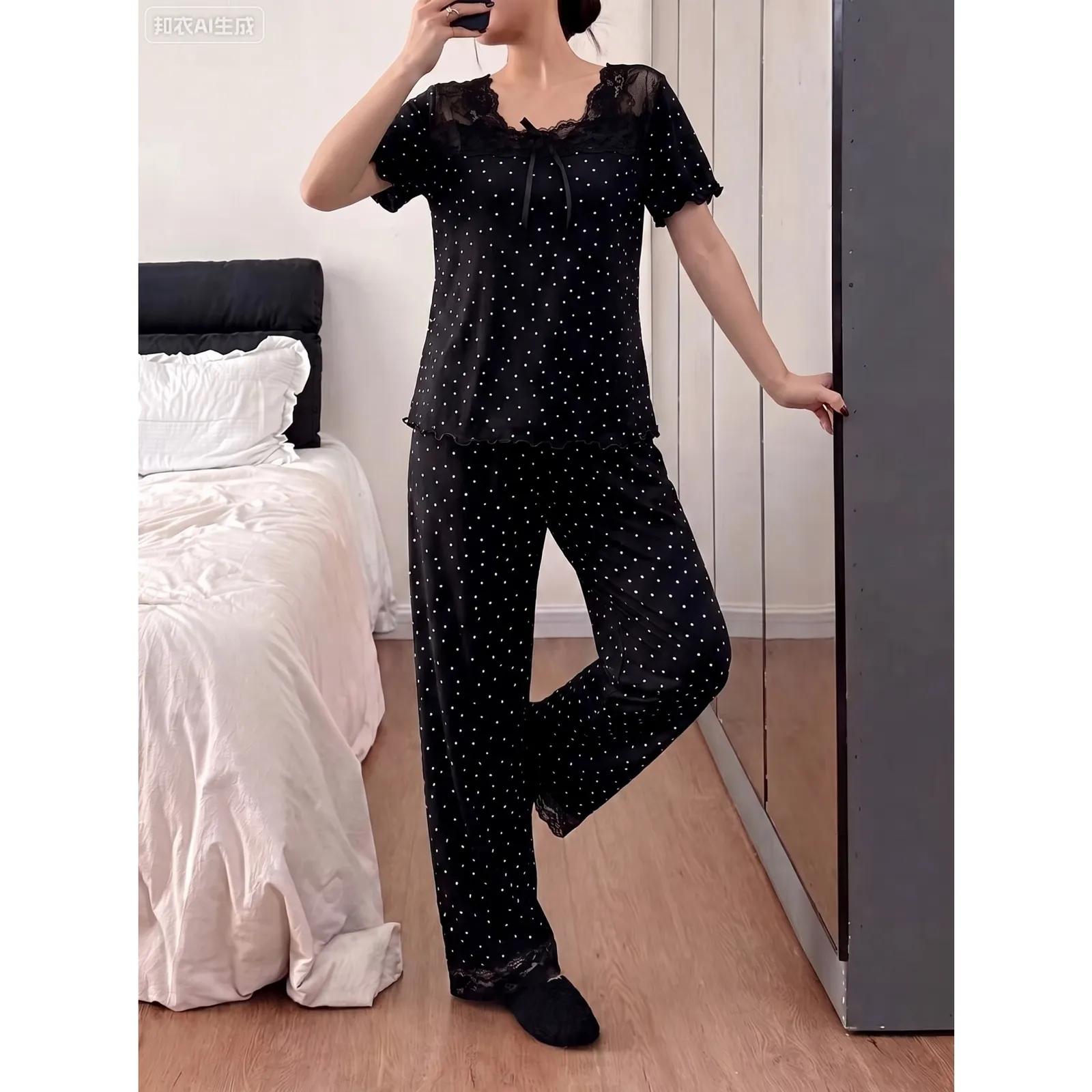 New Europe & US Style Women's Polka Dot Lace Sexy Slimming Summer Pajama Set, Thin Short Sleeve Top and Long Pants, Wearable-Outside Loungewear · Wholesale · OEM · Worldwide Shipping - View 1