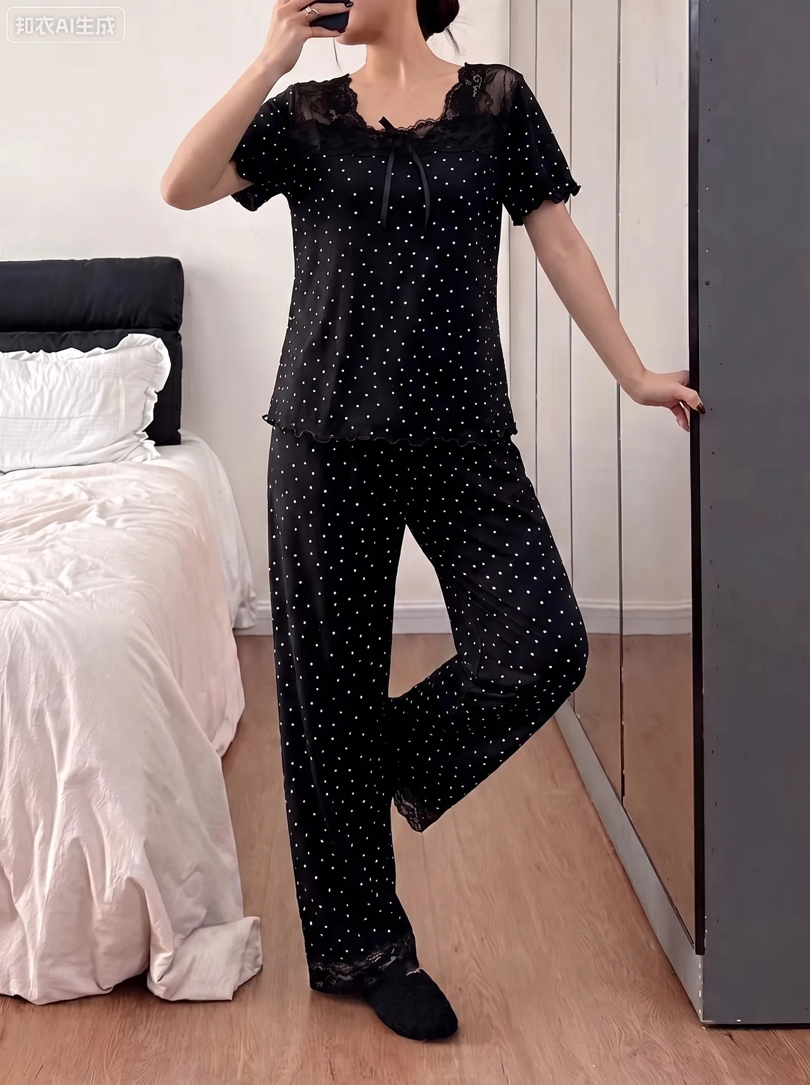 New Europe & US Style Women's Polka Dot Lace Sexy Slimming Summer Pajama Set, Thin Short Sleeve Top and Long Pants, Wearable-Outside Loungewear · Wholesale · OEM · Worldwide Shipping - Detail 2