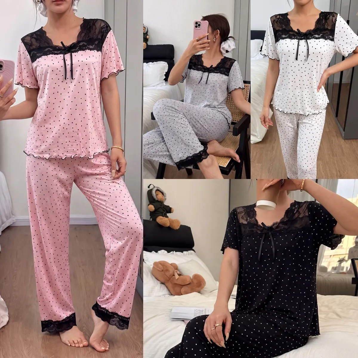 New Europe & US Style Women's Polka Dot Lace Sexy Slimming Summer Pajama Set, Thin Short Sleeve Top and Long Pants, Wearable-Outside Loungewear · Wholesale · OEM · Worldwide Shipping - View 4