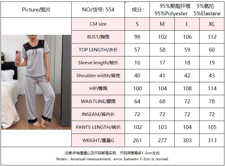 New Europe & US Style Women's Polka Dot Lace Sexy Slimming Summer Pajama Set, Thin Short Sleeve Top and Long Pants, Wearable-Outside Loungewear · Wholesale · OEM · Worldwide Shipping - Detail 1