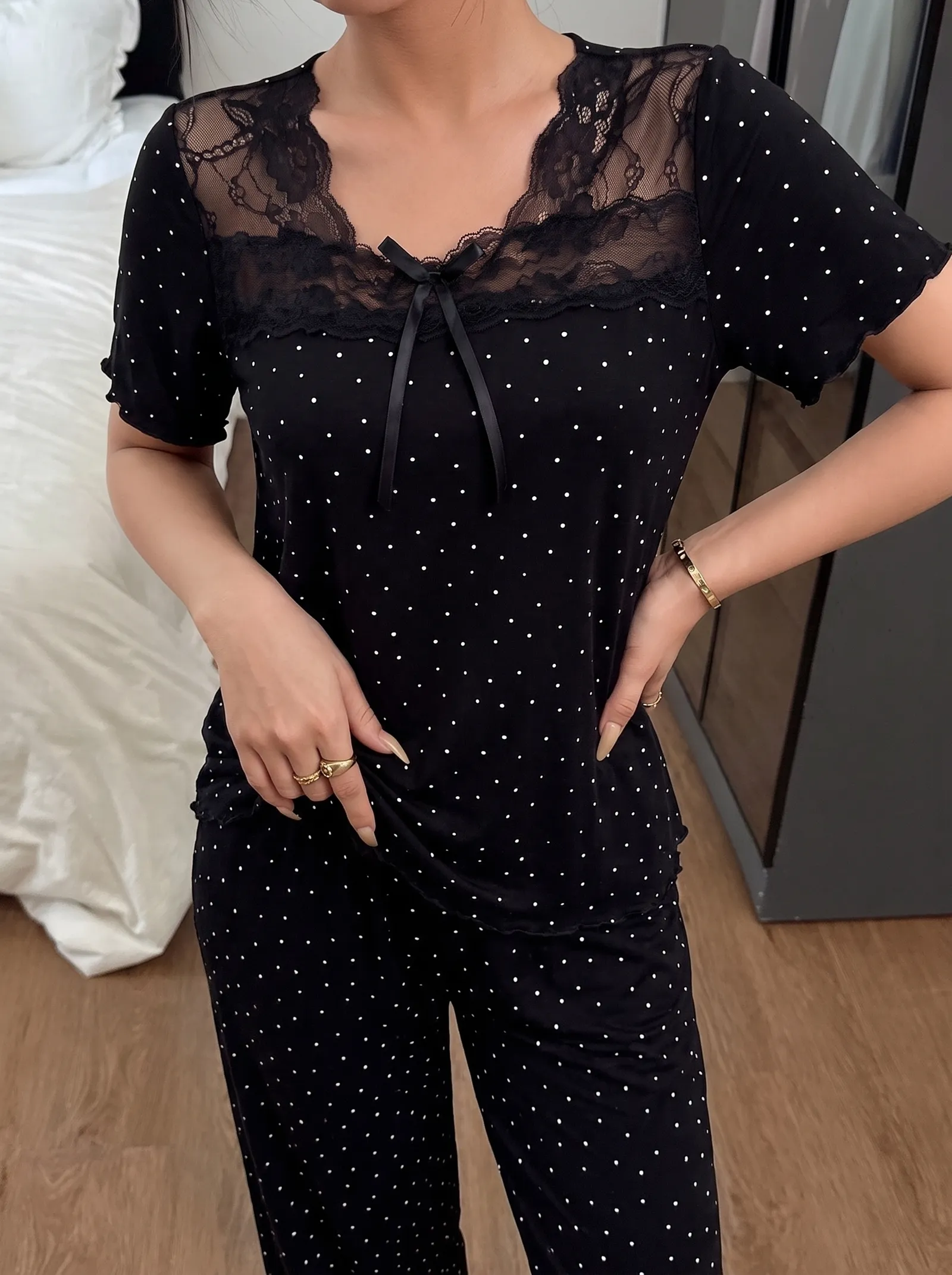 New Europe & US Style Women's Polka Dot Lace Sexy Slimming Summer Pajama Set, Thin Short Sleeve Top and Long Pants, Wearable-Outside Loungewear · Wholesale · OEM · Worldwide Shipping - Detail 5