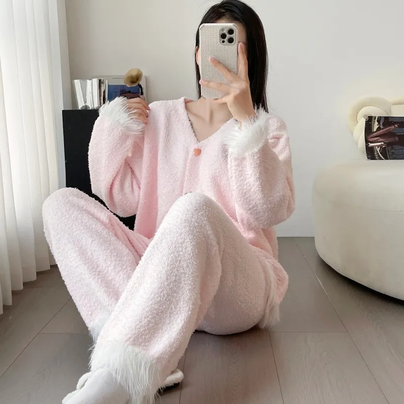 Chanel-style Cardigan Half-Fleece Sleepwear Women's Winter Thickened Loungewear Set · Wholesale · OEM · Worldwide Shipping - View 3